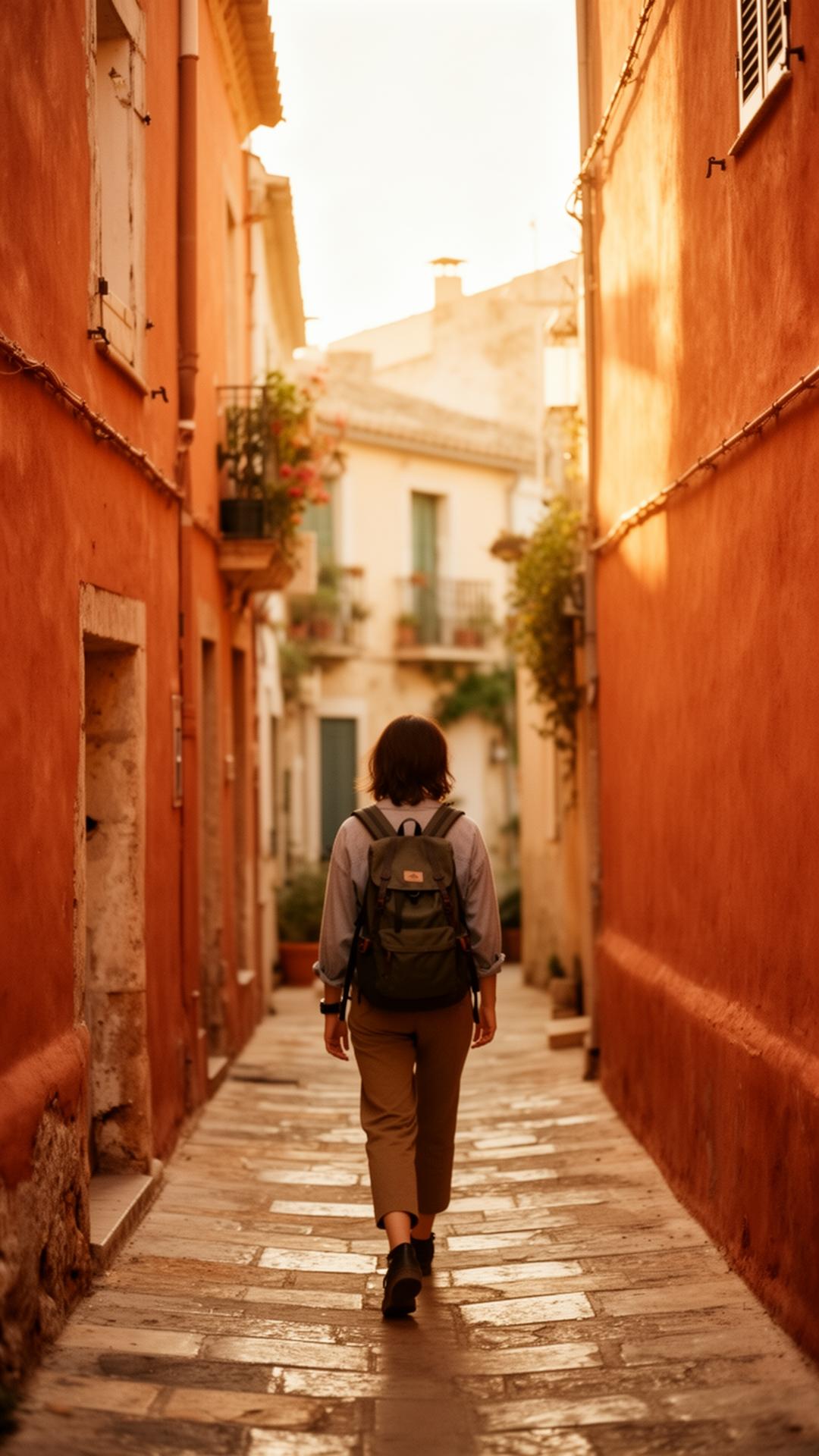 A traveler walking through a sunlit terracotta alleyway